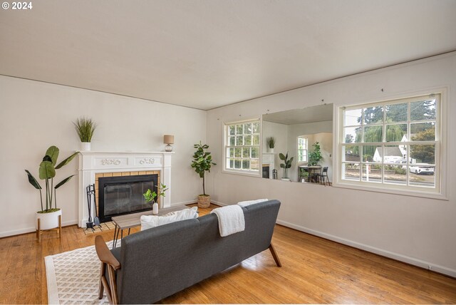 living room with a tiled fireplace, light hardwood / wood-style floors, and a healthy amount of sunlight