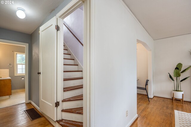 stairway featuring wood-type flooring