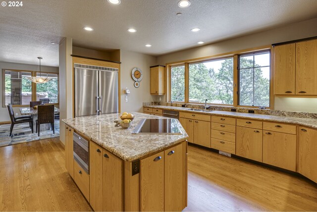 kitchen with light wood-type flooring, a kitchen island, a sink, and built in appliances