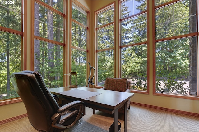 carpeted home office featuring baseboards