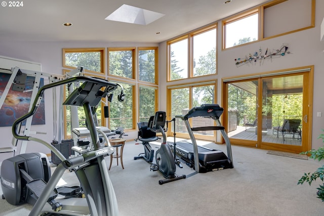 exercise area featuring carpet floors, a skylight, a towering ceiling, and recessed lighting