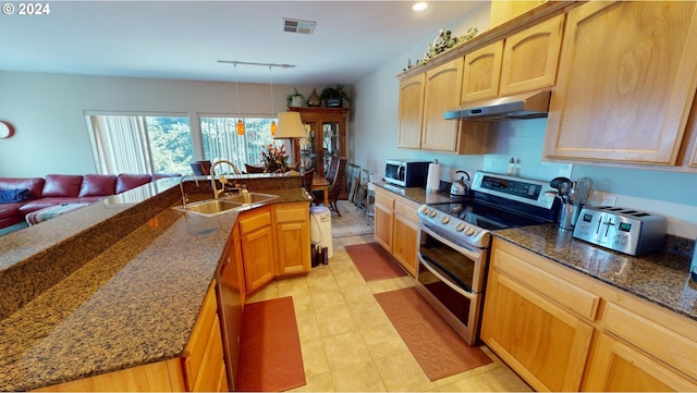 kitchen featuring visible vents, dark stone counters, a sink, stainless steel appliances, and under cabinet range hood