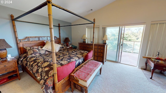 bedroom with visible vents, access to exterior, carpet flooring, and vaulted ceiling