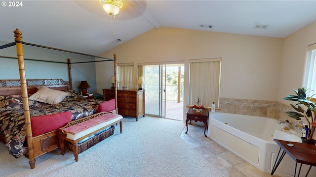 carpeted bedroom with access to exterior, visible vents, tile patterned floors, and vaulted ceiling