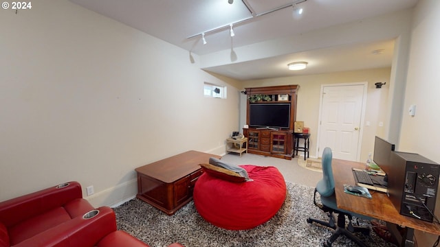 carpeted living room featuring baseboards and rail lighting