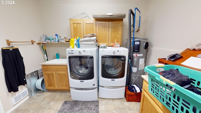 laundry room with visible vents, a sink, water heater, cabinet space, and separate washer and dryer