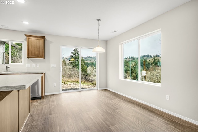 interior space with a sink, baseboards, wood finished floors, and recessed lighting