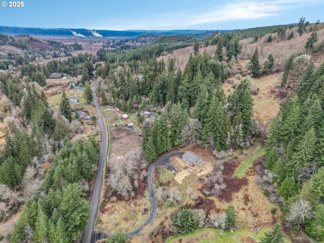 bird's eye view with a wooded view