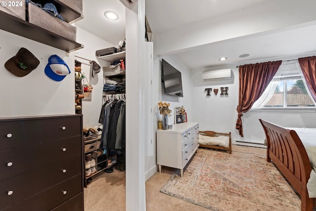 bedroom featuring light carpet, baseboard heating, recessed lighting, a wall mounted AC, and a closet