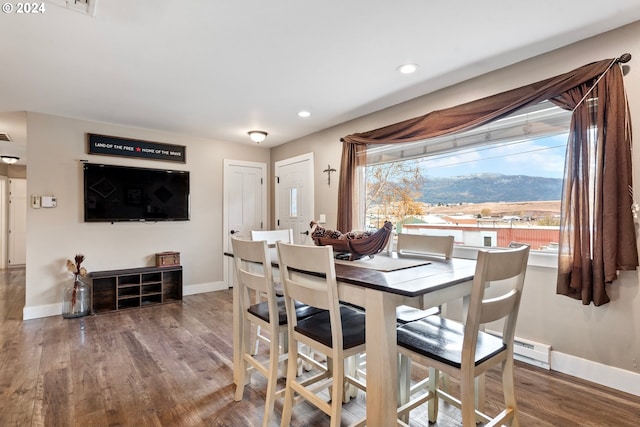 dining room featuring a mountain view and wood-type flooring