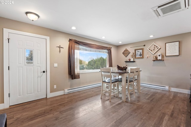 dining room featuring baseboard heating, wood finished floors, and visible vents