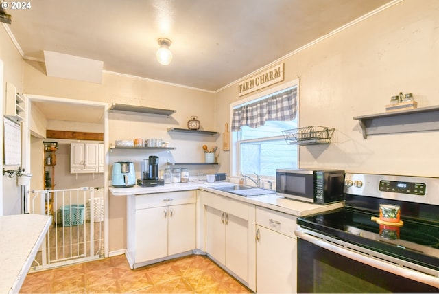 kitchen with white cabinetry, stainless steel range with electric cooktop, sink, and crown molding