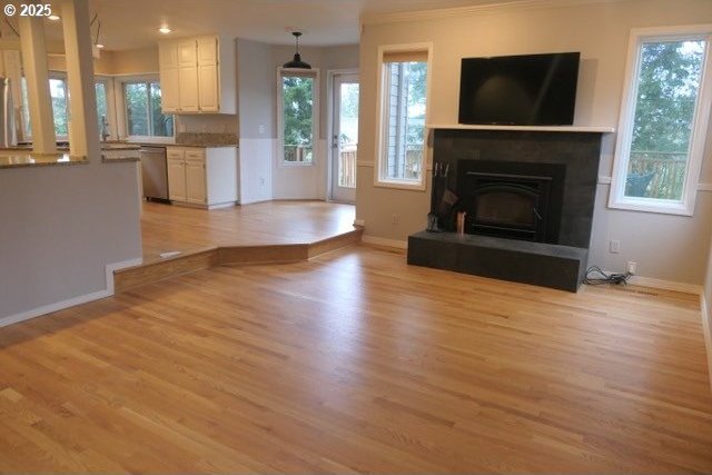 10420 SW 153rd Ave, Beaverton, OR 97007 - unfurnished living room featuring light wood-style floors, baseboards, a fireplace with raised hearth, and recessed lighting