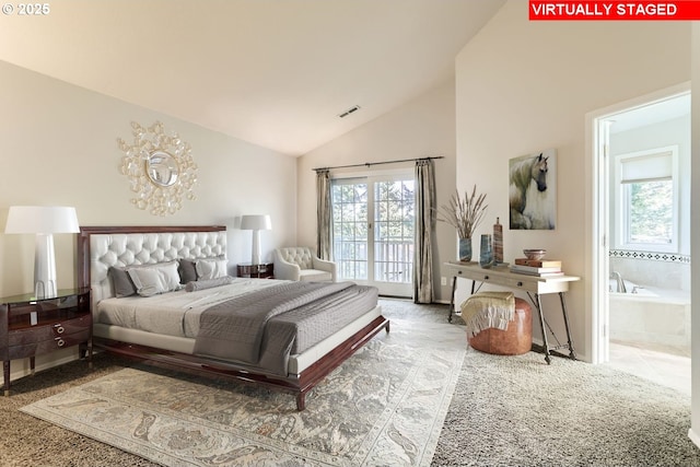 10420 SW 153rd Ave, Beaverton, OR 97007 - bedroom with a chandelier, carpet flooring, high vaulted ceiling, and access to exterior