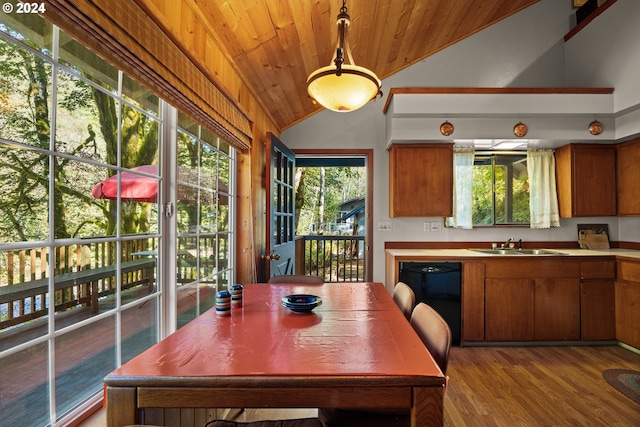 interior space with high vaulted ceiling, wooden ceiling, wood-type flooring, dishwasher, and sink