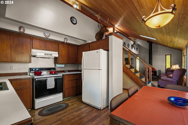 kitchen featuring wood ceiling, dark hardwood / wood-style floors, vaulted ceiling, pendant lighting, and white appliances