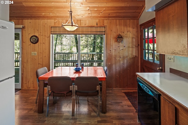 dining space featuring dark wood-type flooring, wooden ceiling, and plenty of natural light