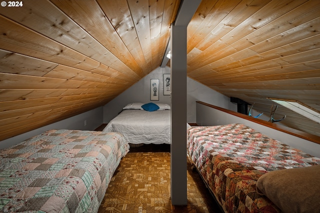 bedroom featuring lofted ceiling, dark parquet floors, and wooden ceiling