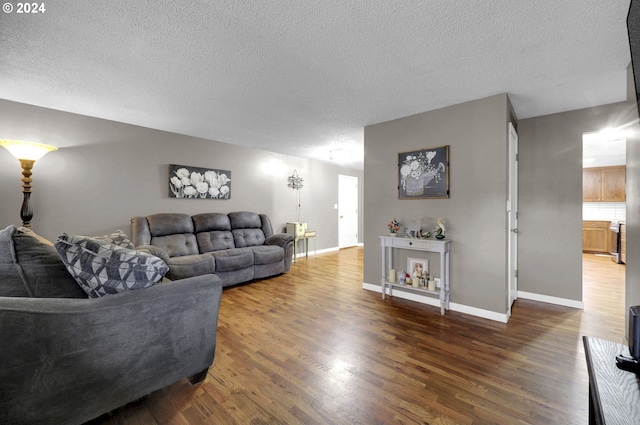 living room featuring a textured ceiling and dark wood-type flooring