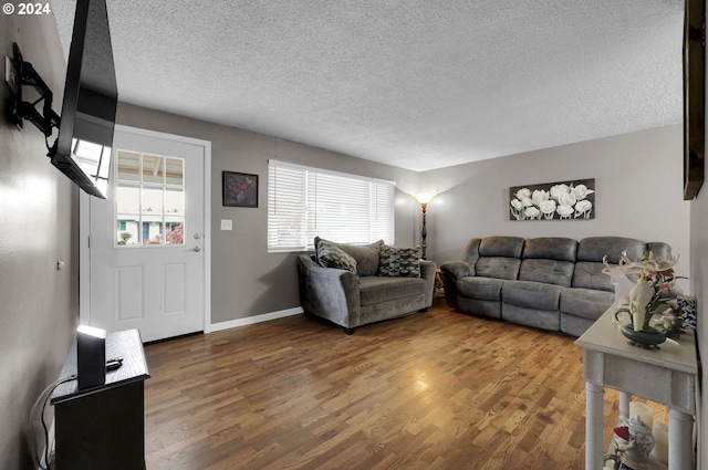 living room featuring a wealth of natural light, a textured ceiling, and hardwood / wood-style flooring