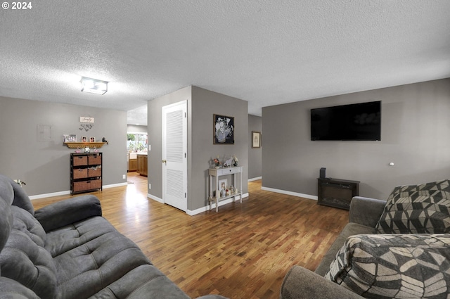 living room with hardwood / wood-style floors and a textured ceiling