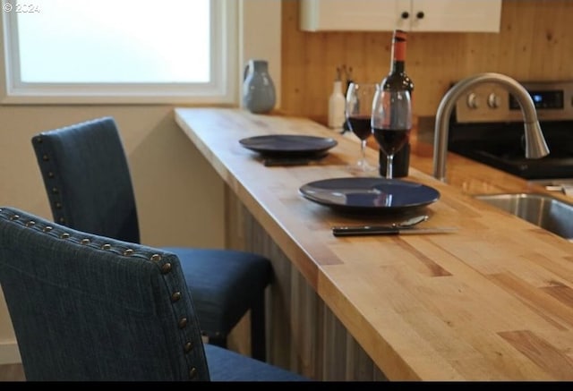 interior space featuring wood walls and a sink