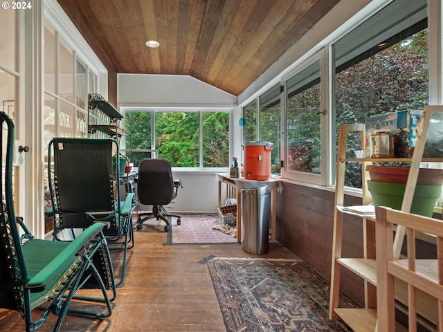 office featuring vaulted ceiling, wooden ceiling, recessed lighting, and hardwood / wood-style flooring