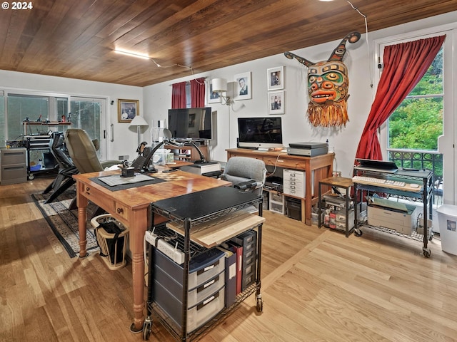 office space featuring wood ceiling and light wood-type flooring