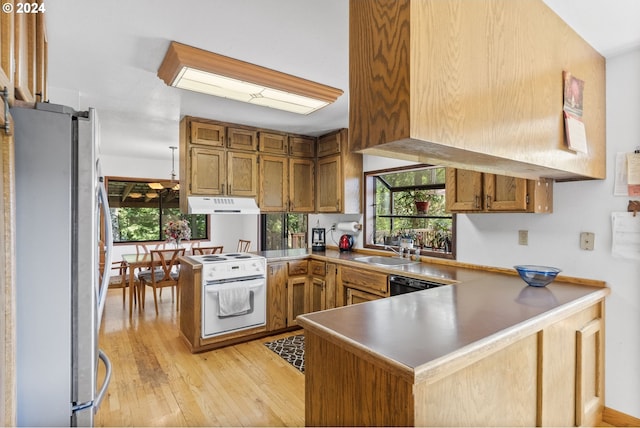 kitchen featuring kitchen peninsula, dishwasher, light hardwood / wood-style flooring, electric range, and stainless steel refrigerator