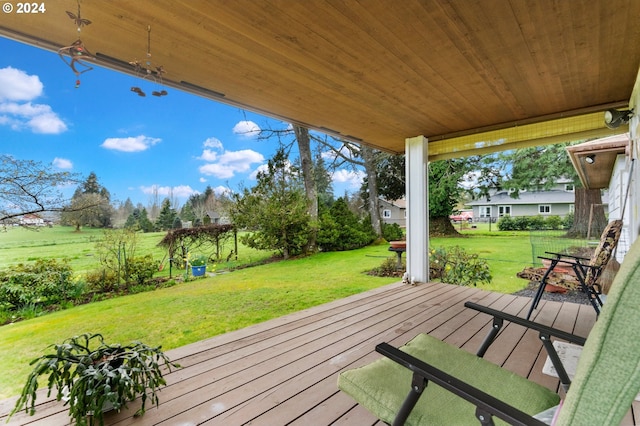 wooden deck featuring a lawn