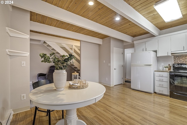 dining area featuring beam ceiling, light hardwood / wood-style flooring, wood ceiling, and a baseboard radiator