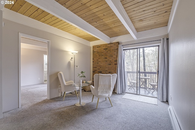 unfurnished room with beam ceiling, wooden ceiling, light carpet, and a baseboard radiator