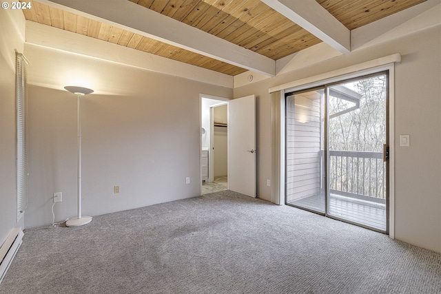 unfurnished room featuring beam ceiling, carpet flooring, wood ceiling, and a baseboard heating unit