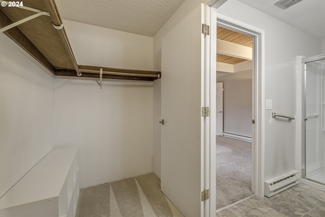 spacious closet with a baseboard radiator and light colored carpet