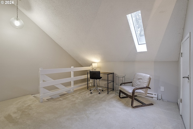 sitting room with carpet flooring, a textured ceiling, and vaulted ceiling with skylight