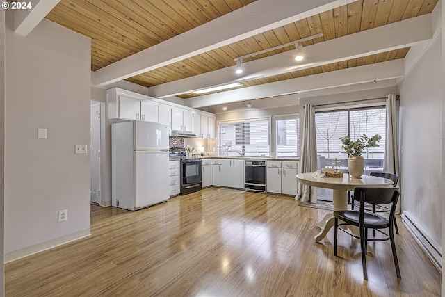 kitchen featuring black appliances, white cabinets, wood ceiling, and beamed ceiling