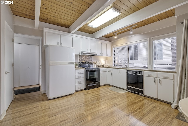 kitchen with white cabinets, wooden ceiling, beamed ceiling, and black appliances