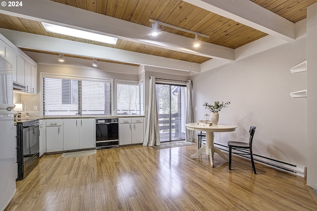 kitchen with black appliances, white cabinets, wood ceiling, and beamed ceiling