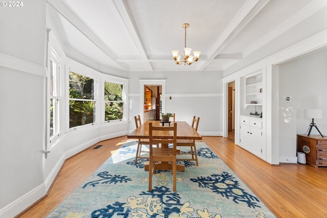 2626 SW Ravensview Dr, Portland, OR 97201 - dining area with a chandelier, light wood-type flooring, baseboards, built in shelves, and beamed ceiling