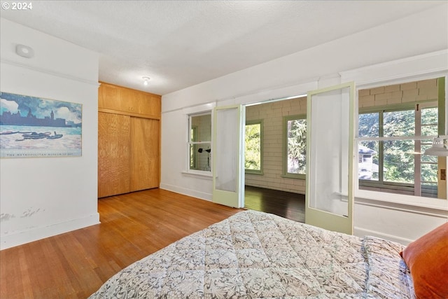 bedroom with hardwood / wood-style flooring, a textured ceiling, and a closet