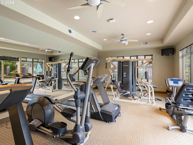 gym featuring carpet flooring, a wealth of natural light, ceiling fan, and a tray ceiling