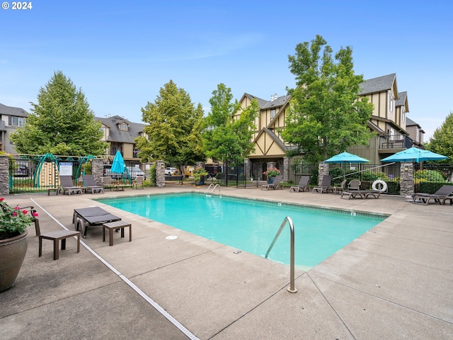 view of swimming pool with a patio