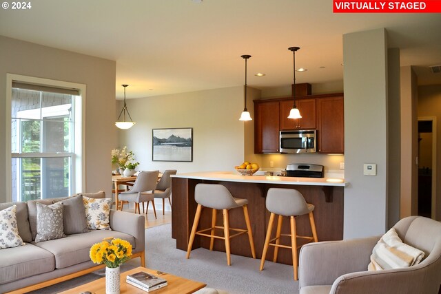 living room featuring light colored carpet