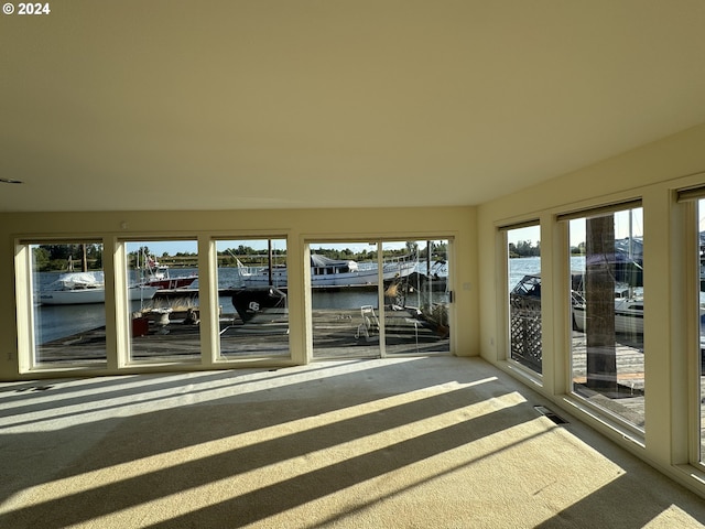 unfurnished sunroom featuring a water view and a healthy amount of sunlight