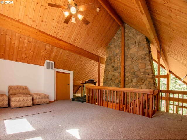 additional living space with high vaulted ceiling, beamed ceiling, wooden ceiling, carpet flooring, and ceiling fan