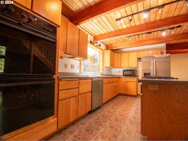 kitchen featuring track lighting, beam ceiling, black appliances, light tile patterned floors, and wooden ceiling