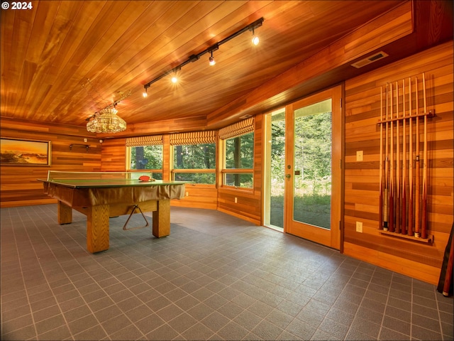 rec room featuring wood ceiling, wooden walls, pool table, and track lighting