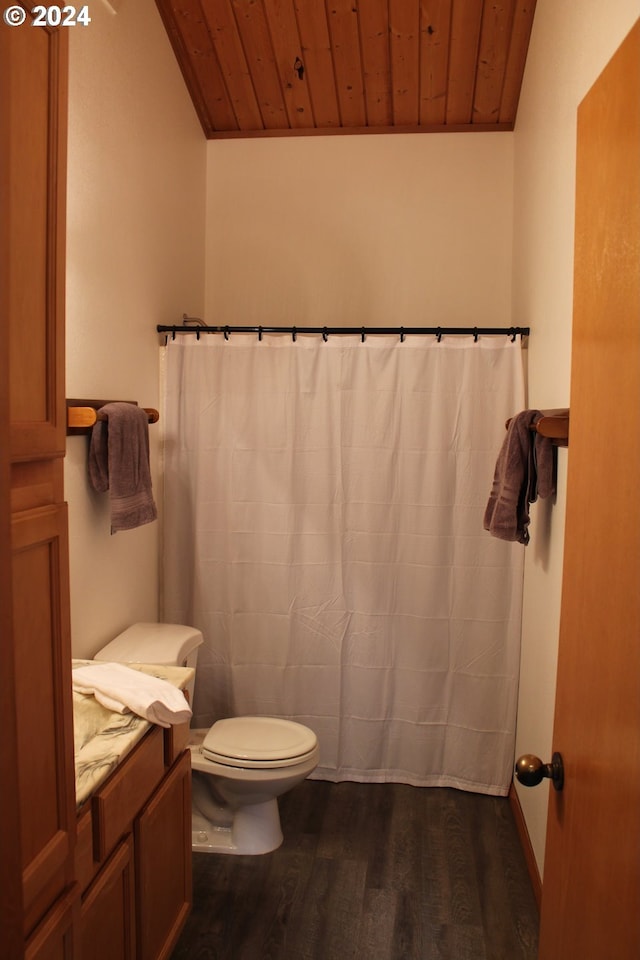 bathroom with wood ceiling, wood-type flooring, vanity, and toilet