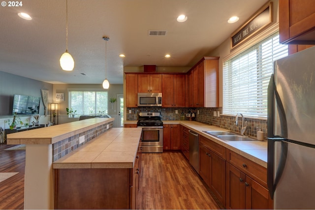 kitchen with appliances with stainless steel finishes, pendant lighting, a healthy amount of sunlight, and sink