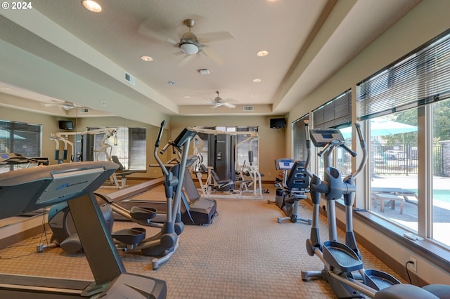 gym with recessed lighting, visible vents, and ceiling fan